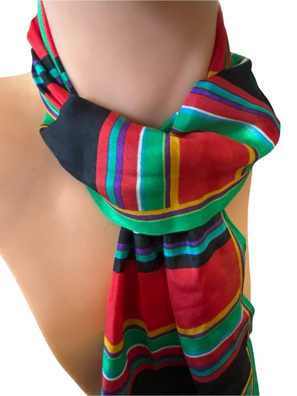 Y2K Liz Claiborne 100% SILK Oblong Scarf 60”LX9”W Red Black Green Blue Stripes